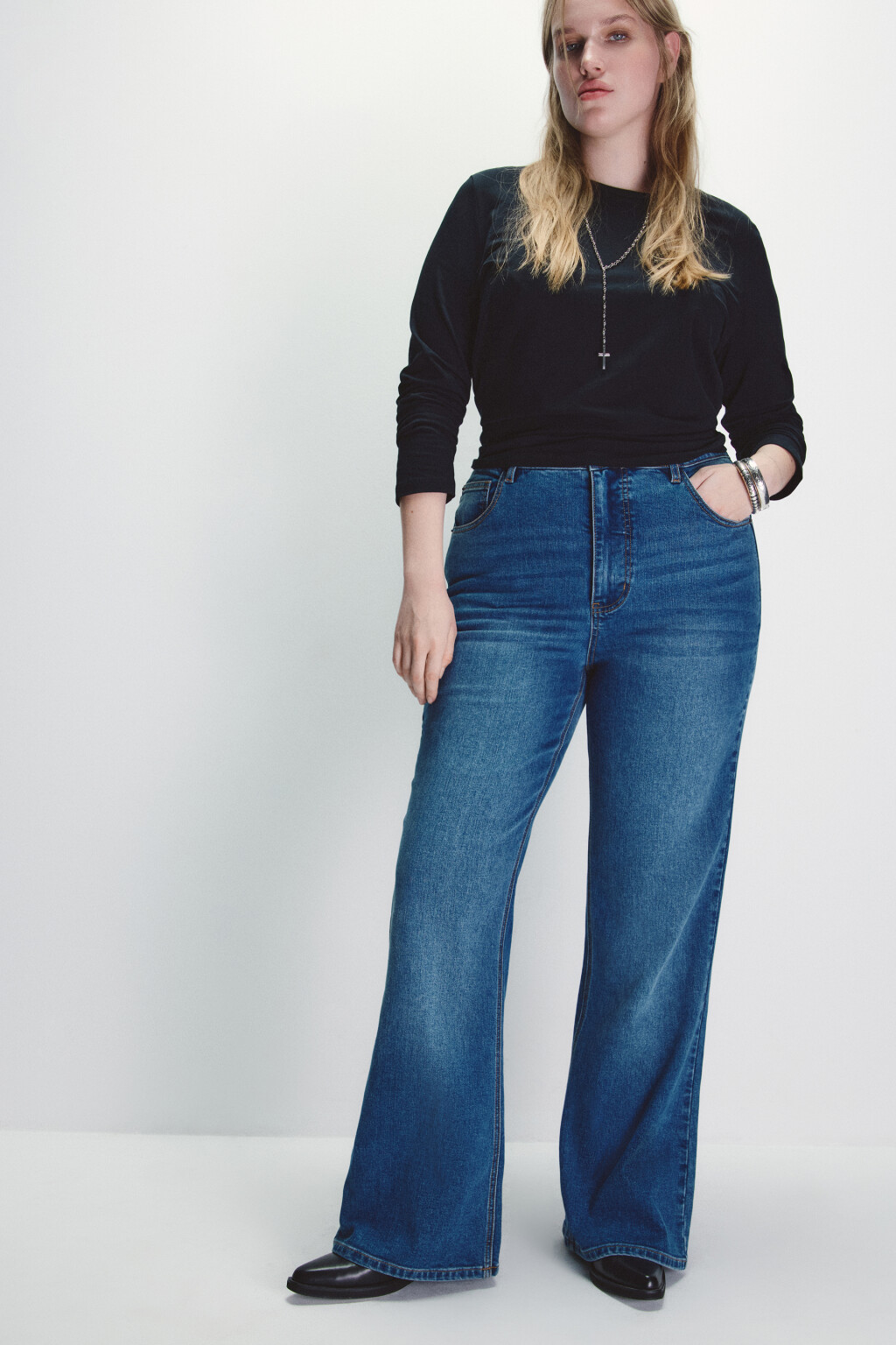 Джинсы клеш с высокой посадкой - цвет голубой - 1