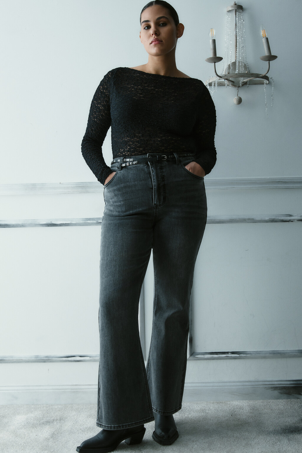 Джинсы клеш с высокой посадкой - цвет серый - 1