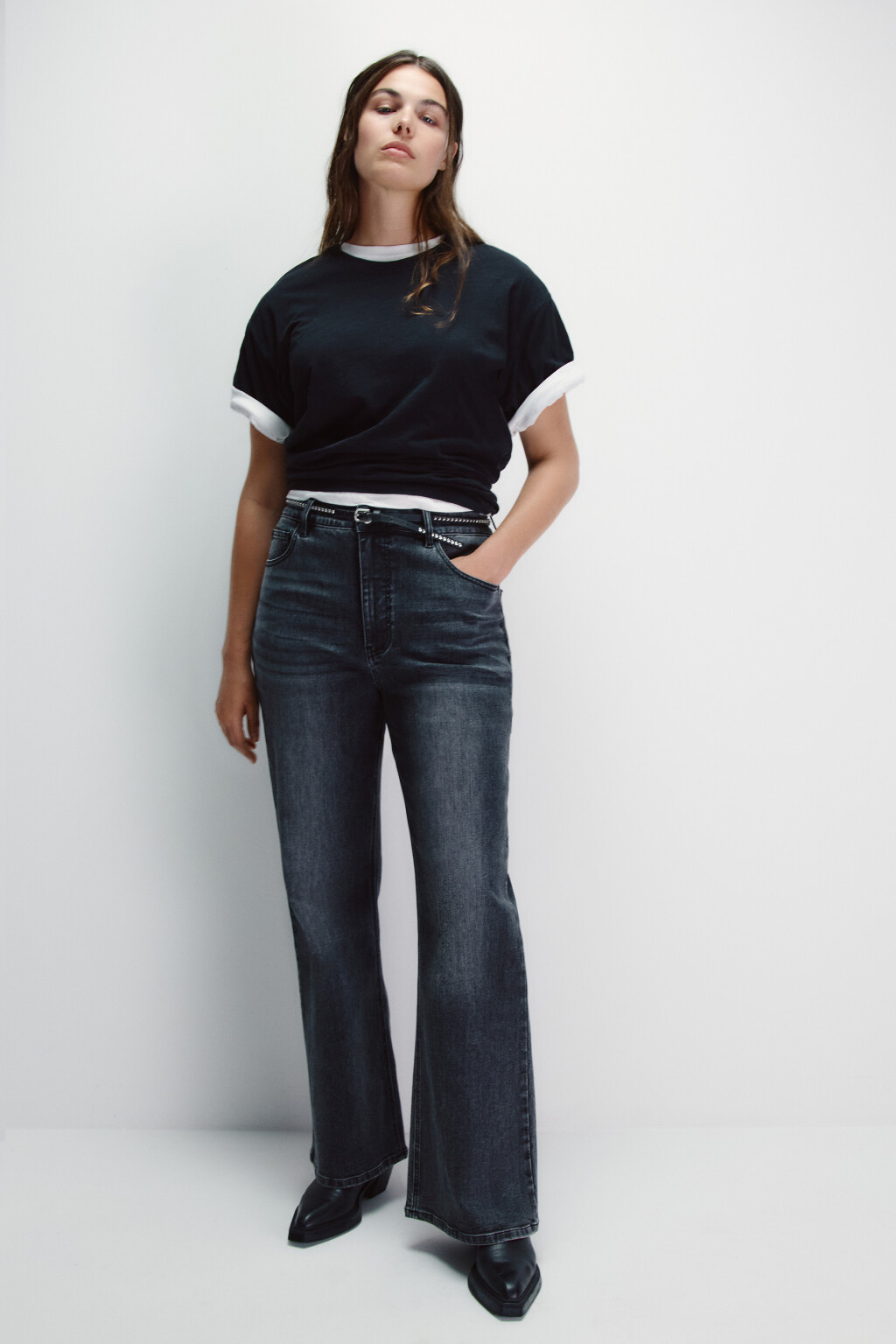 Джинсы клеш с высокой посадкой - цвет серый - 1