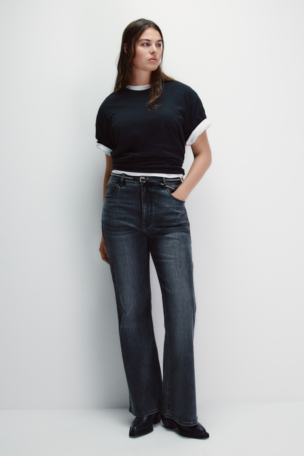 Джинсы клеш с высокой посадкой - цвет серый - 4