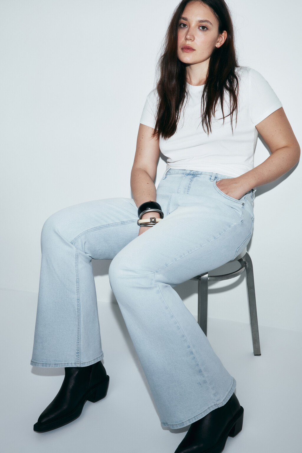 Джинсы клеш с высокой посадкой - цвет голубой - 1