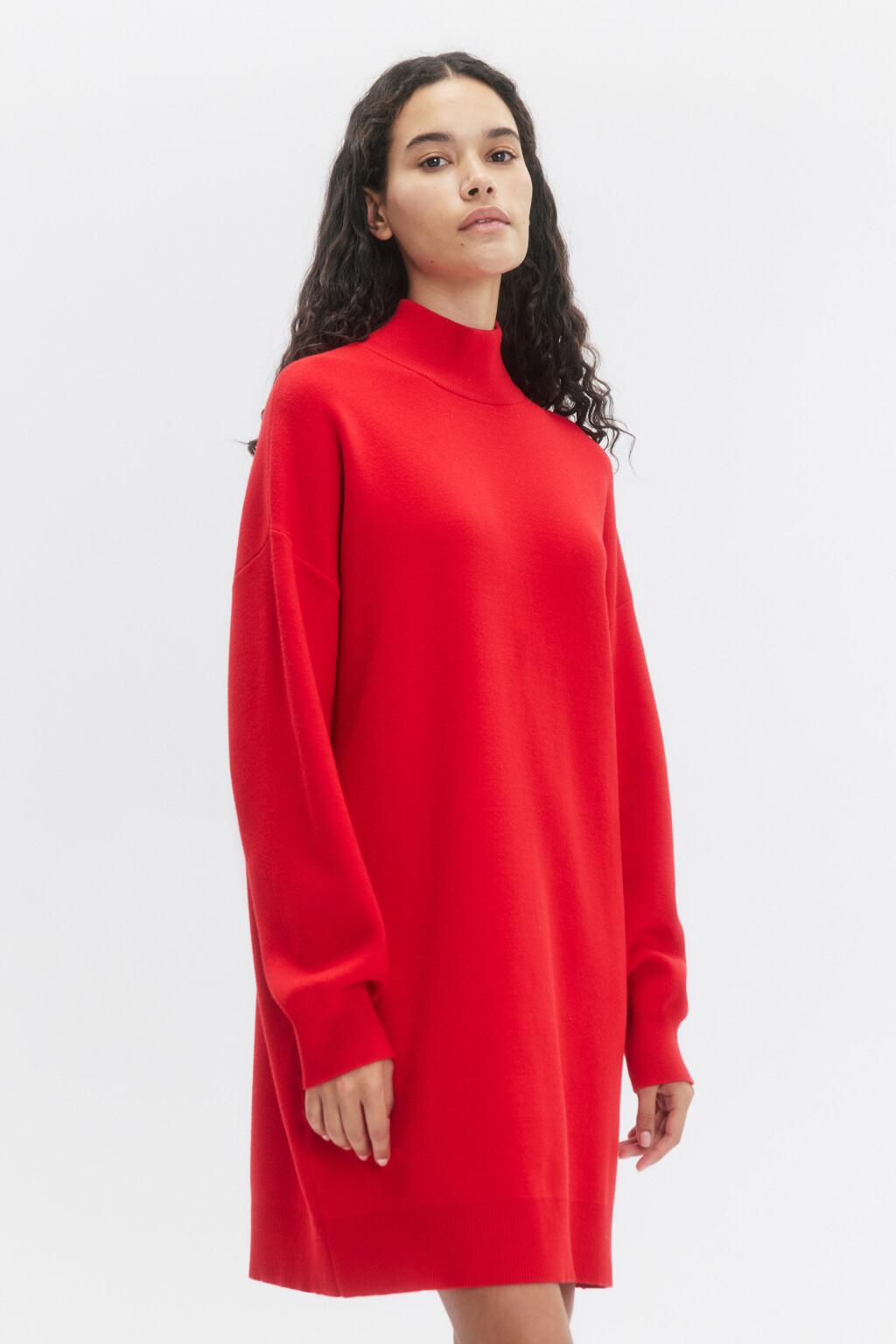 Платье-свитер мини вискозное с воротником - цвет красный - 3