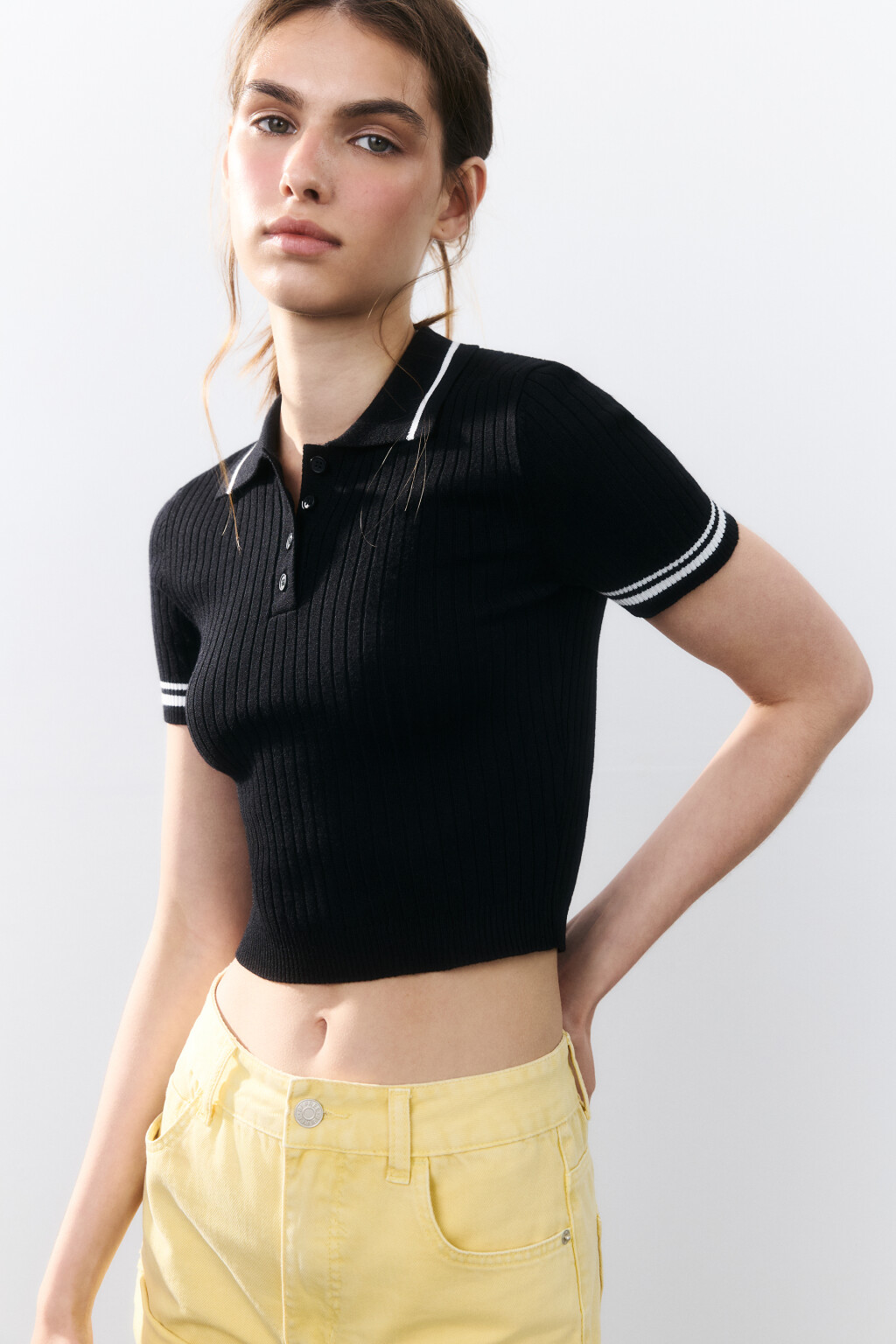 Джемпер-поло вязаный с полосками - цвет черный - 1