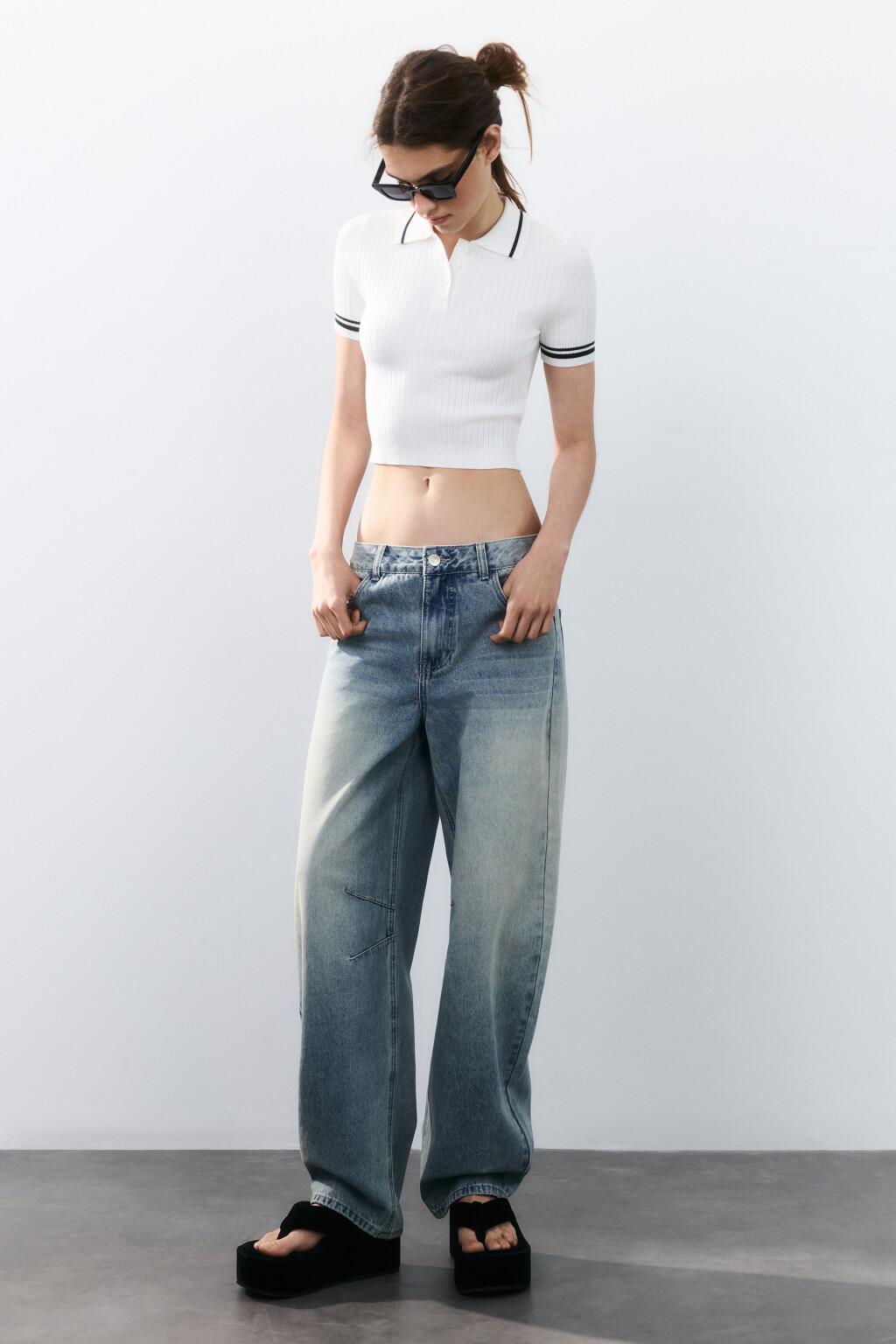 Джемпер-поло вязаный с полосками - цвет молочный - 4