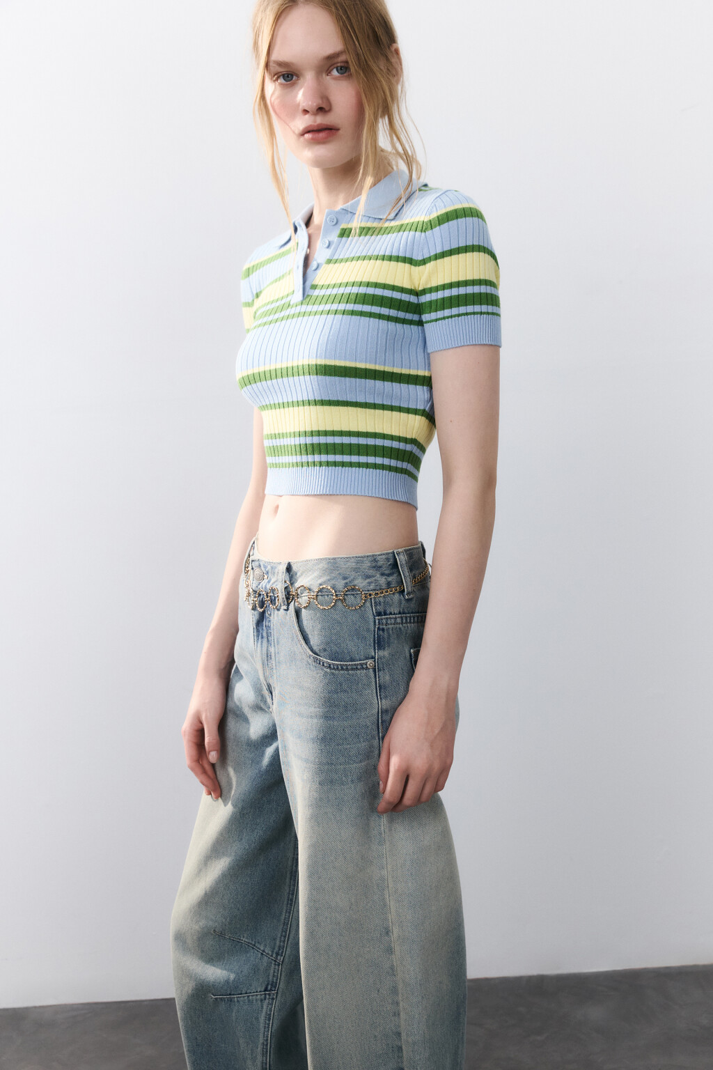 Джемпер-поло вязаный в полоску - цвет голубой - 1