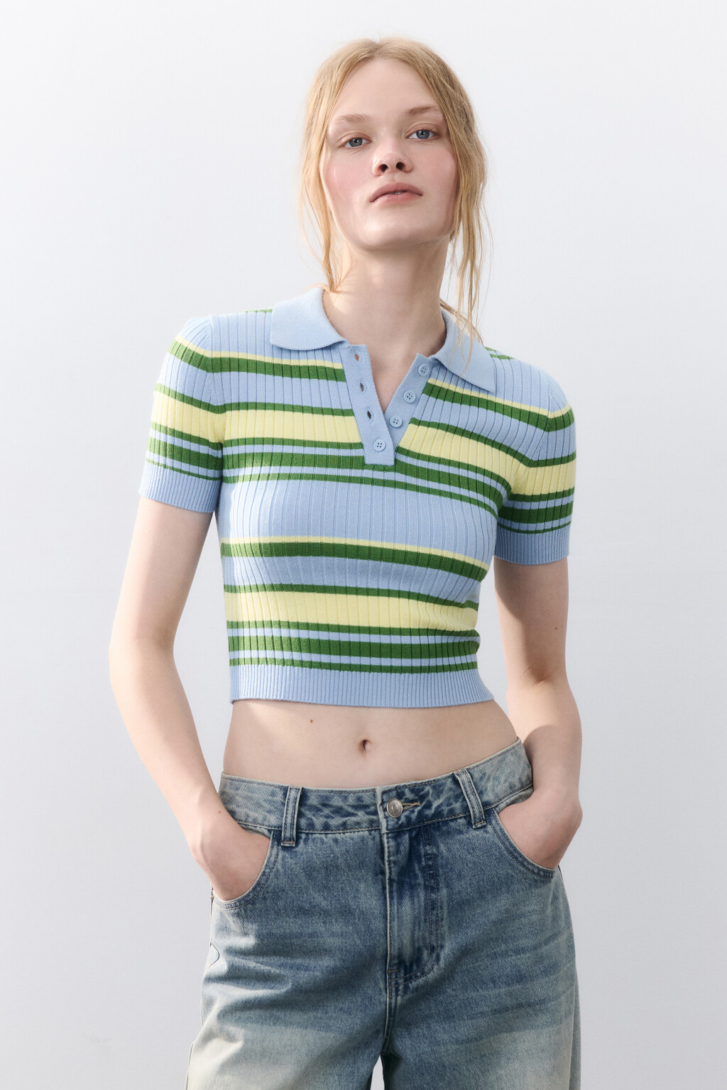 Джемпер-поло вязаный в полоску - цвет голубой - 2