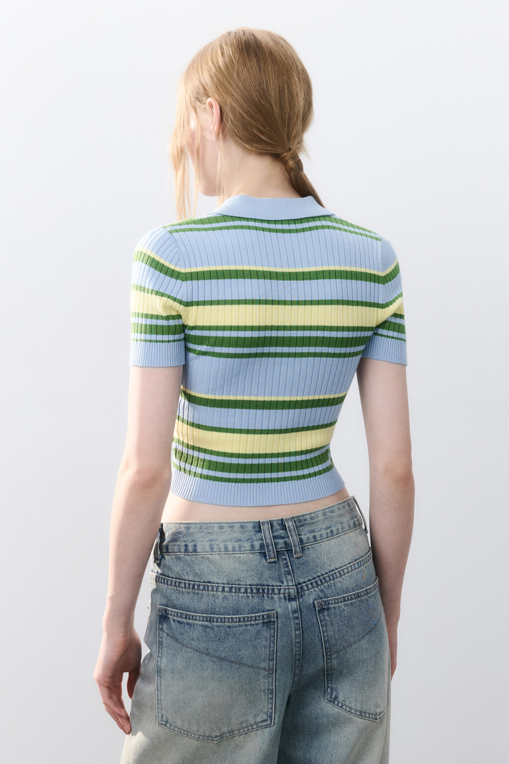 Джемпер-поло вязаный в полоску - цвет голубой - 3