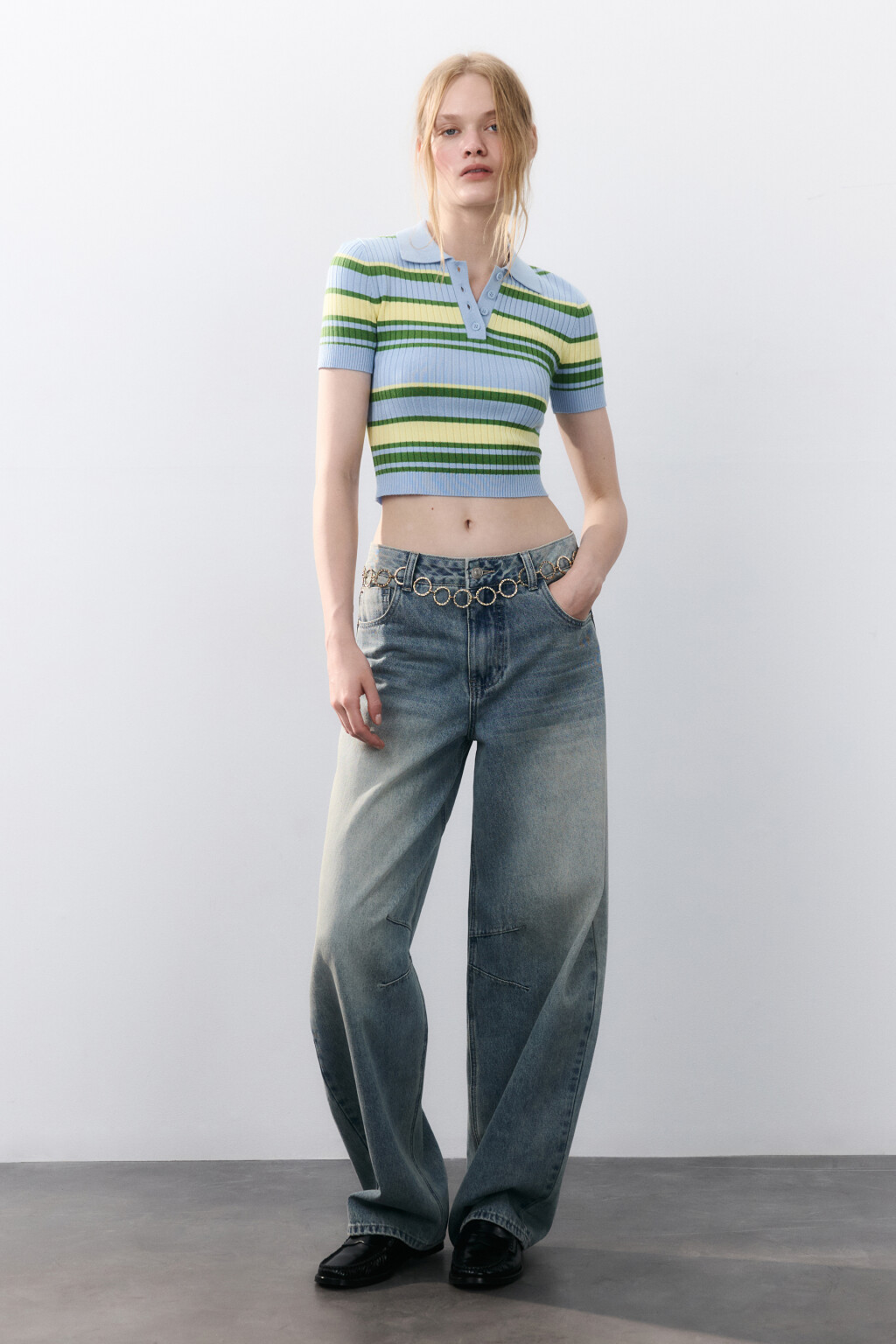 Джемпер-поло вязаный в полоску - цвет голубой - 4