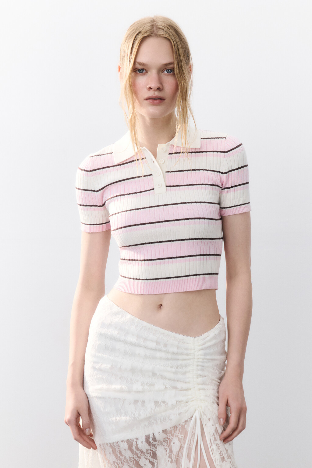 Джемпер-поло вязаный в полоску - цвет розовый - 2
