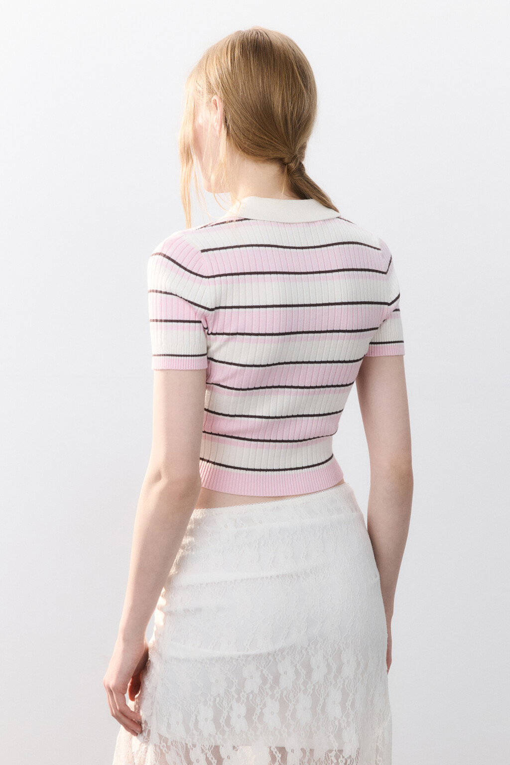 Джемпер-поло вязаный в полоску - цвет розовый - 3