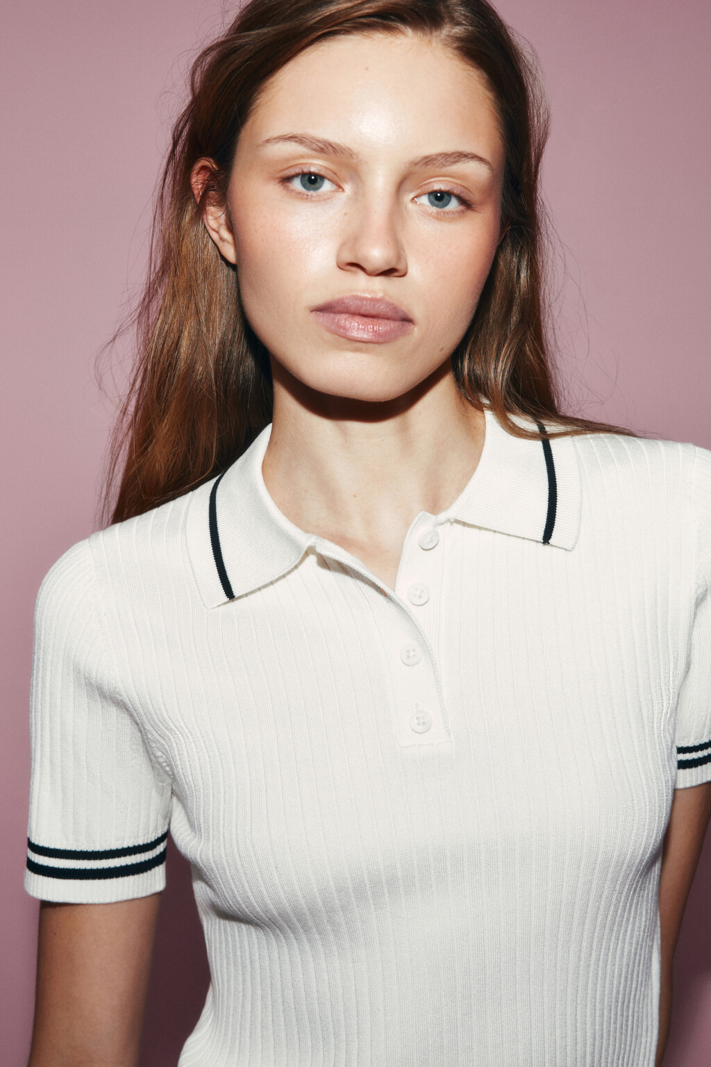 Джемпер-поло вязаный в полоску - цвет молочный - 6