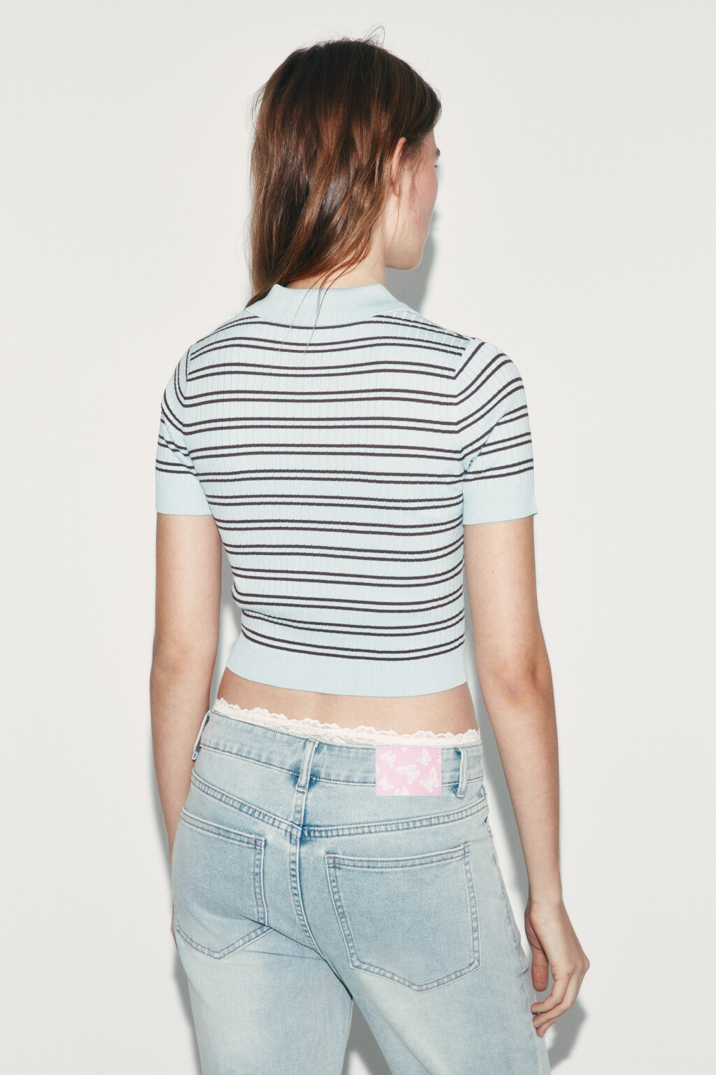 Джемпер-поло вязаный в полоску - цвет голубой - 3