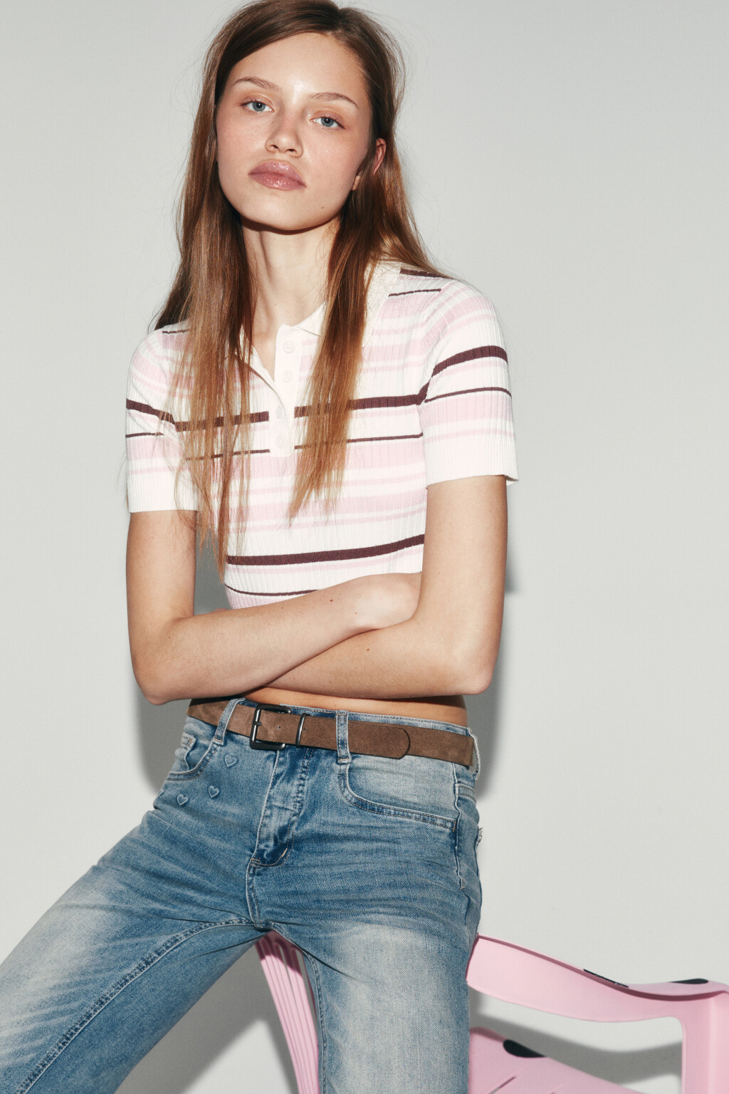 Джемпер-поло вязаный в полоску - цвет розовый - 1