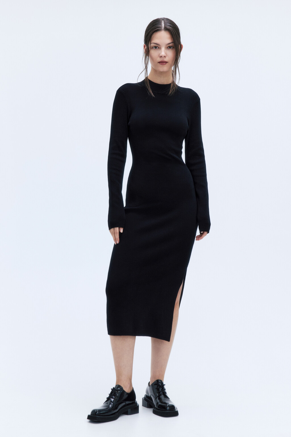 Платье миди вязаное облегающее с разрезом - цвет черный - 6