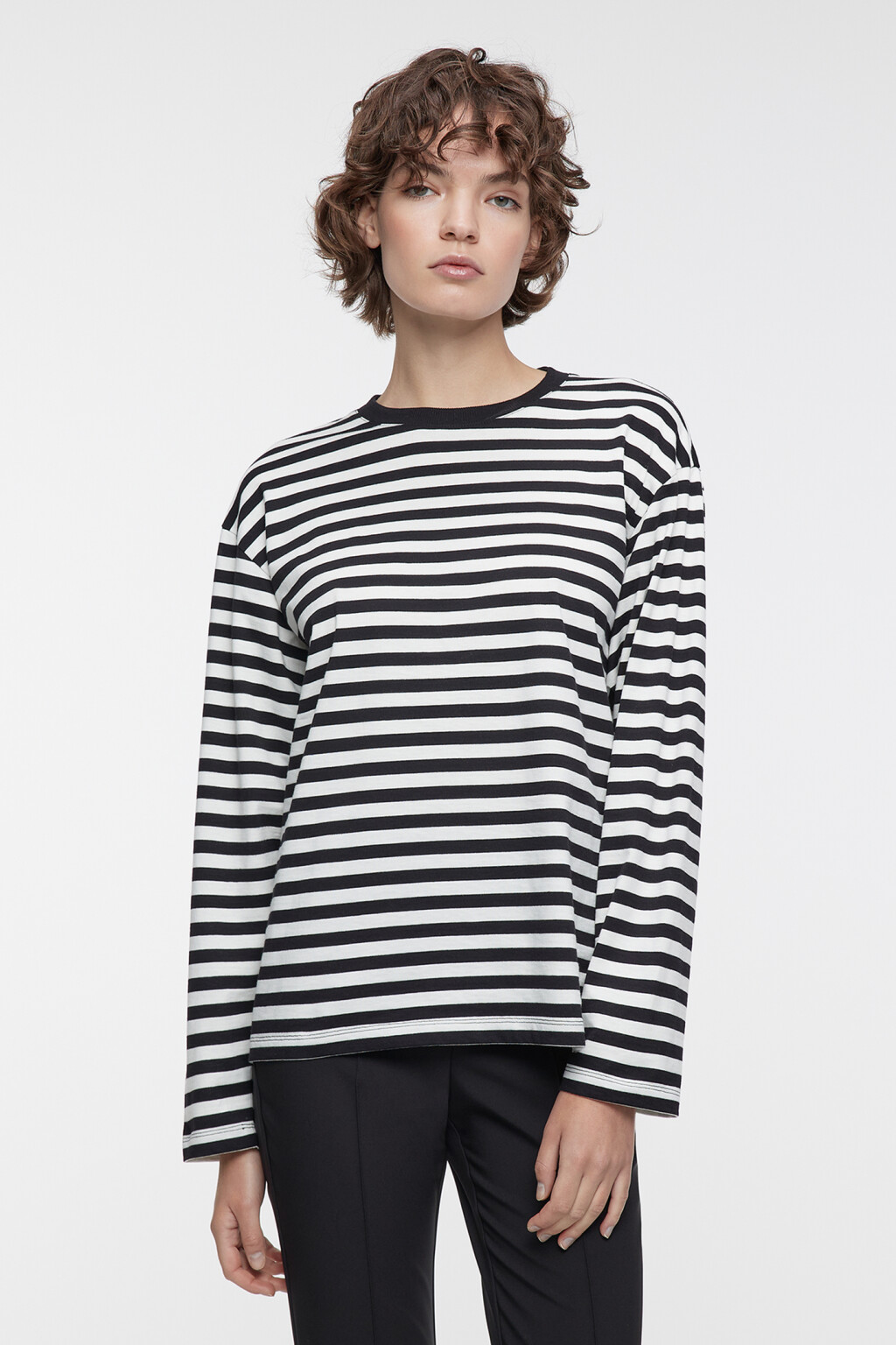 Лонгслив хлопковый прямого кроя в полоску - цвет черный - 1