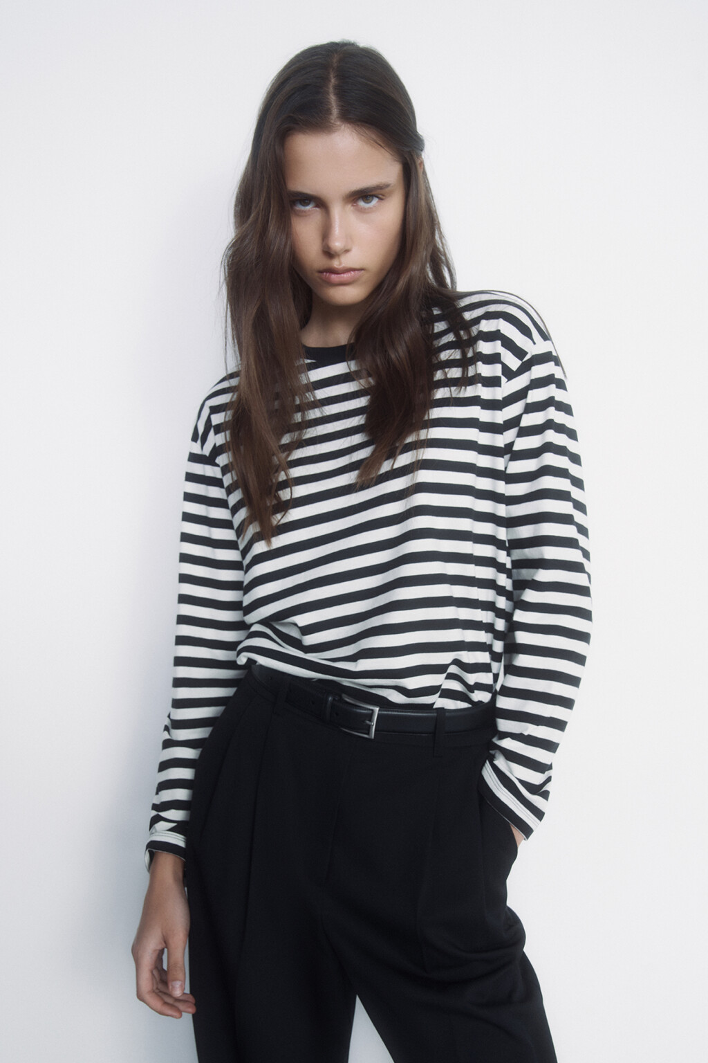 Лонгслив хлопковый прямого кроя в полоску - цвет черный - 7