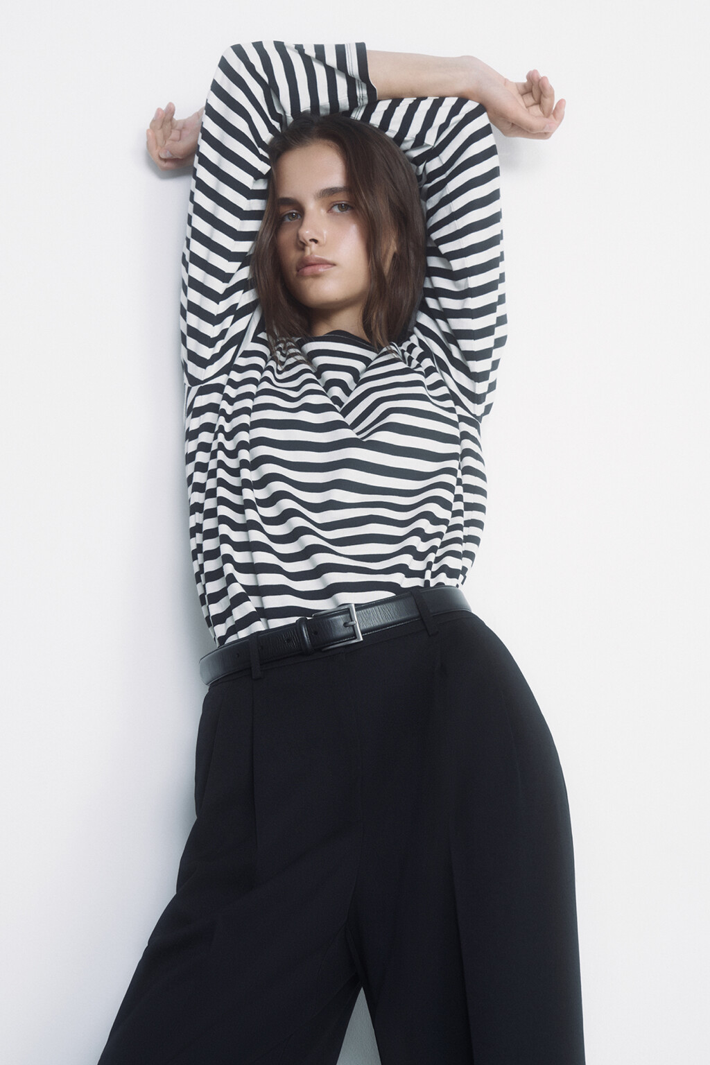 Лонгслив хлопковый прямого кроя в полоску - цвет черный - 8