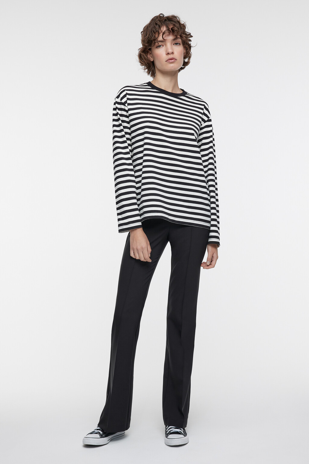 Лонгслив хлопковый прямого кроя в полоску - цвет черный - 4