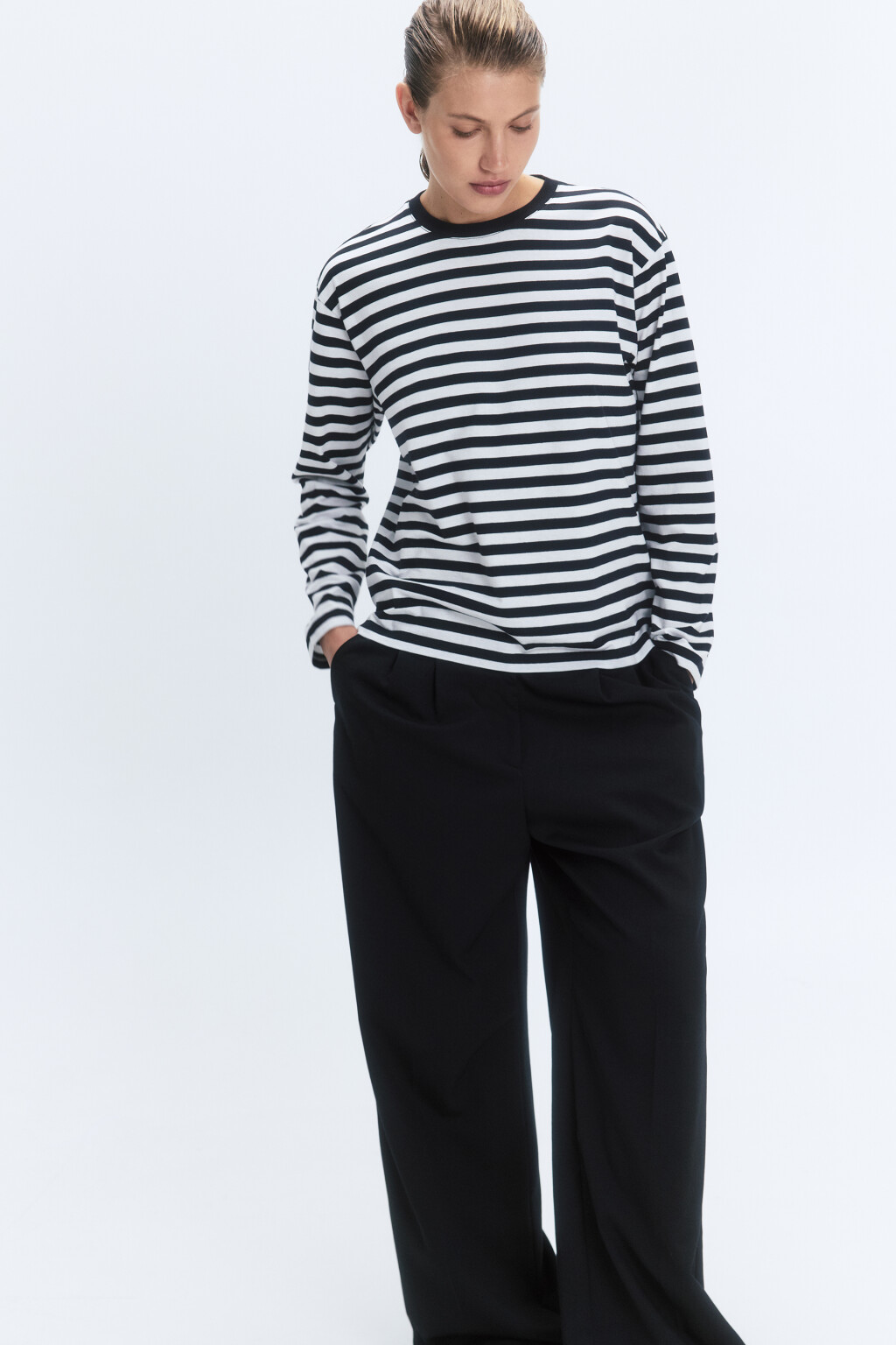 Лонгслив свободный хлопковый в полоску - цвет черный - 1