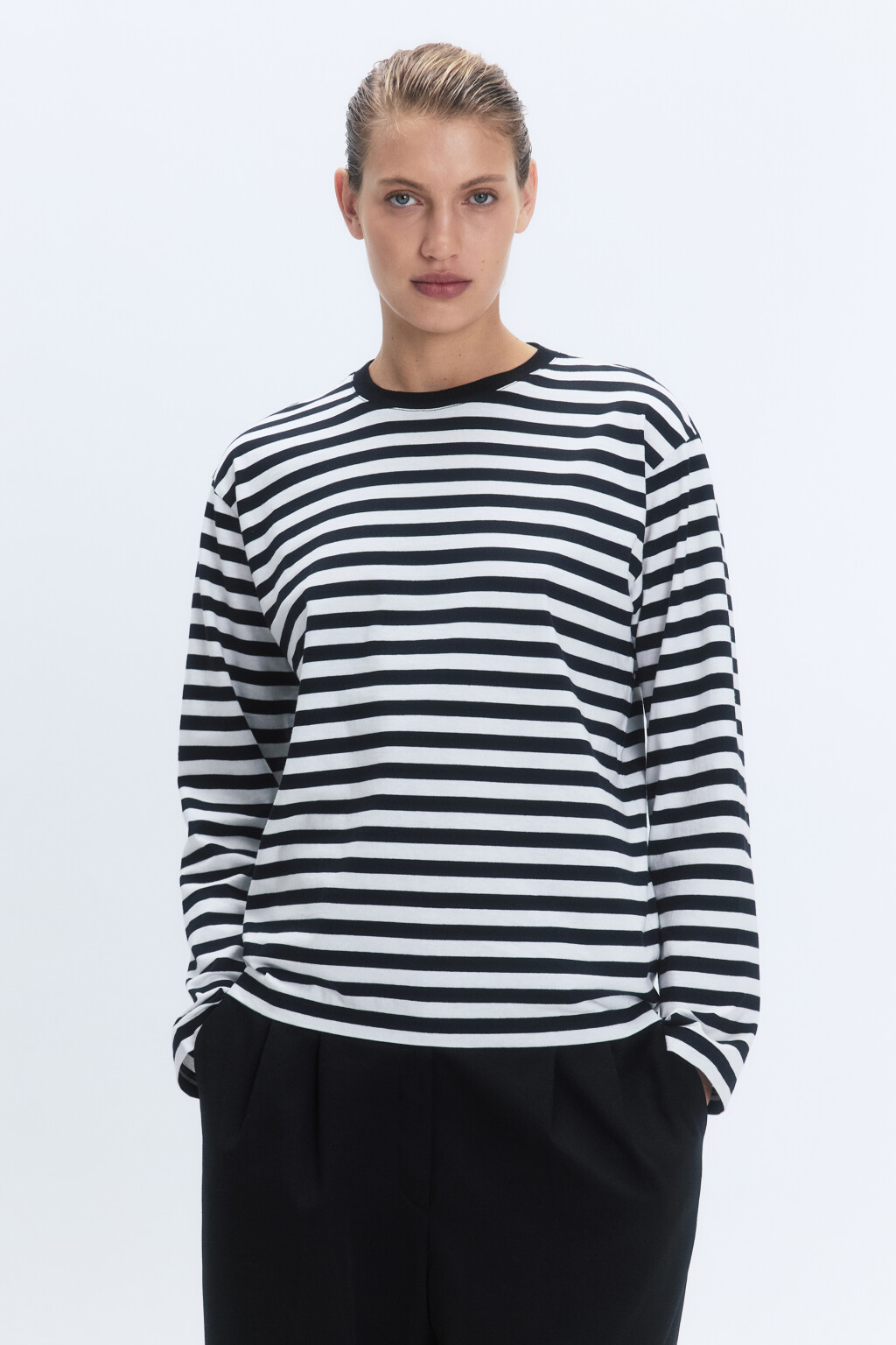 Лонгслив свободный хлопковый в полоску - цвет черный - 2
