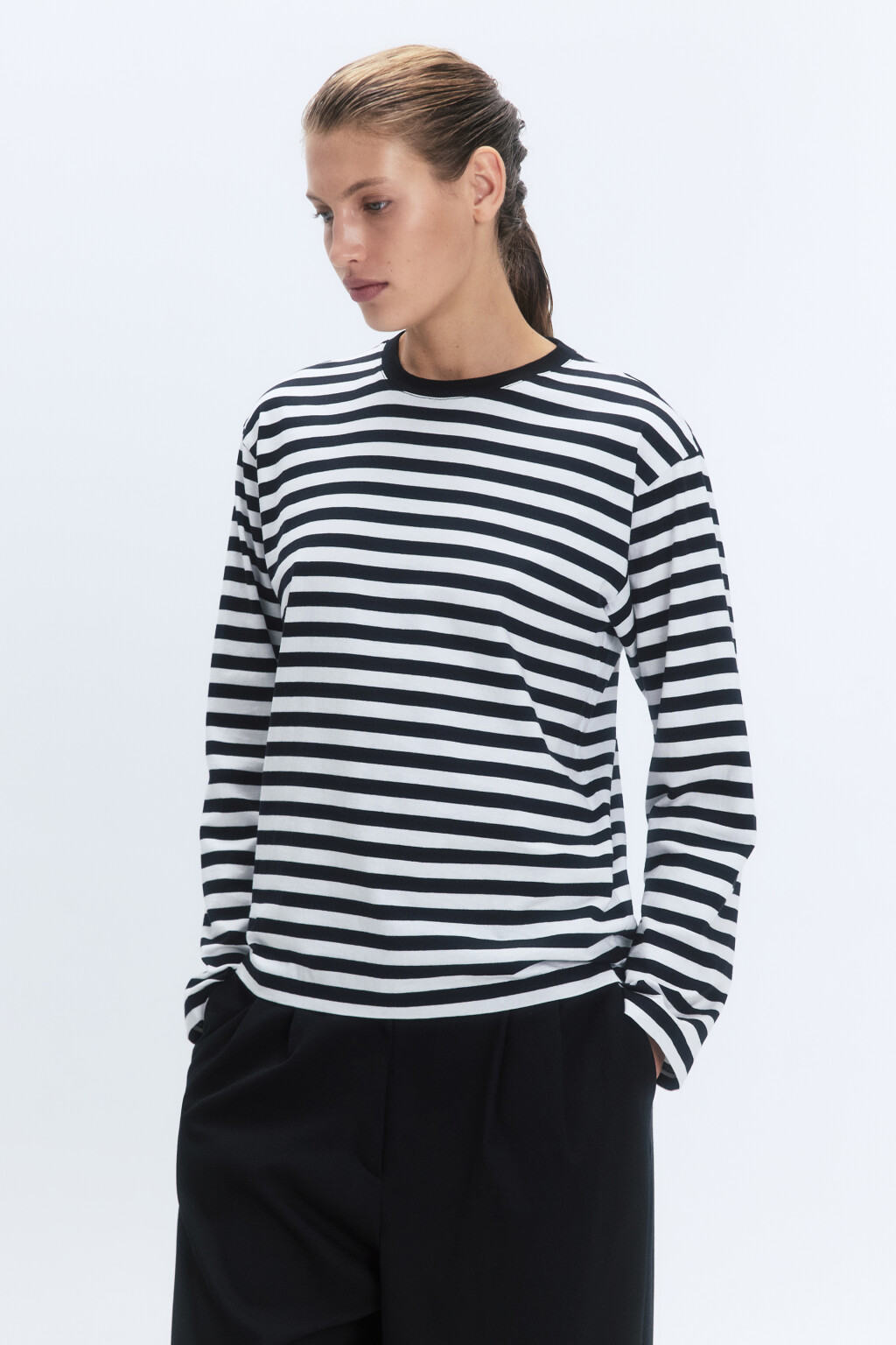 Лонгслив свободный хлопковый в полоску - цвет черный - 3