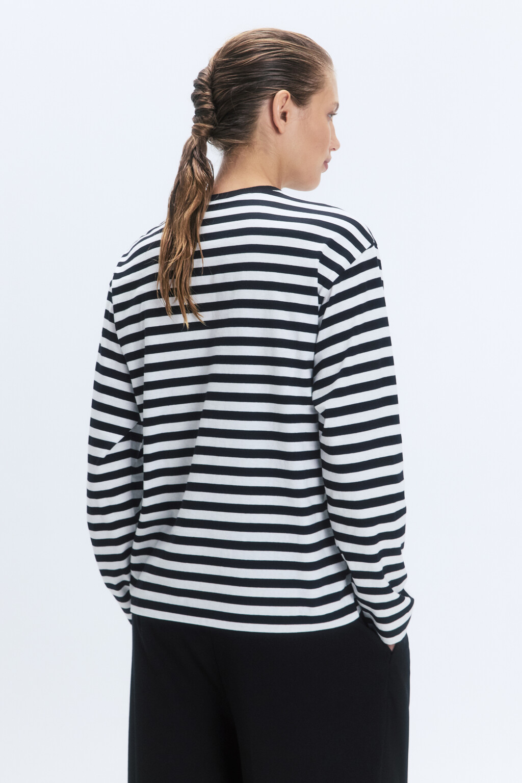 Лонгслив свободный хлопковый в полоску - цвет черный - 4