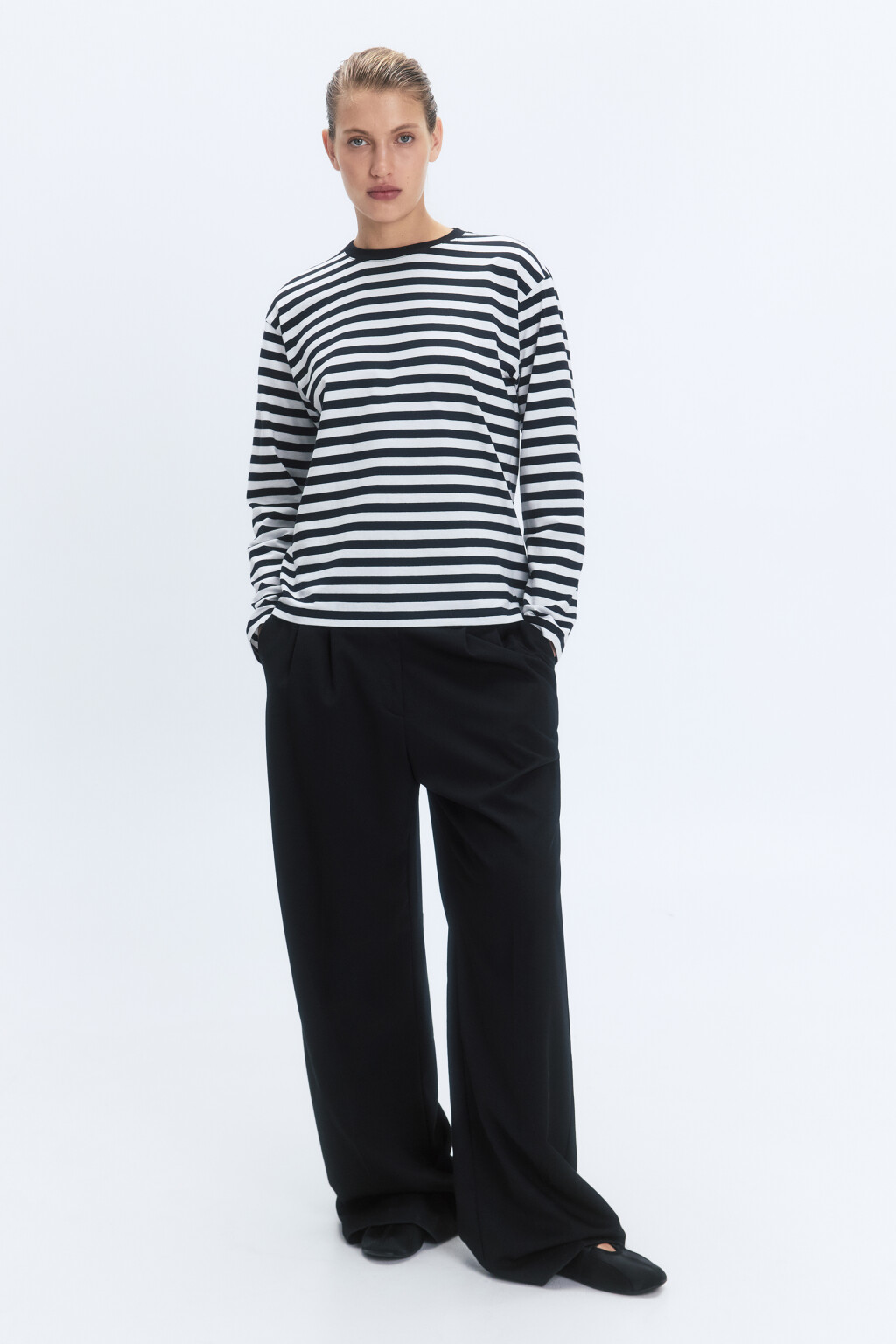 Лонгслив свободный хлопковый в полоску - цвет черный - 5