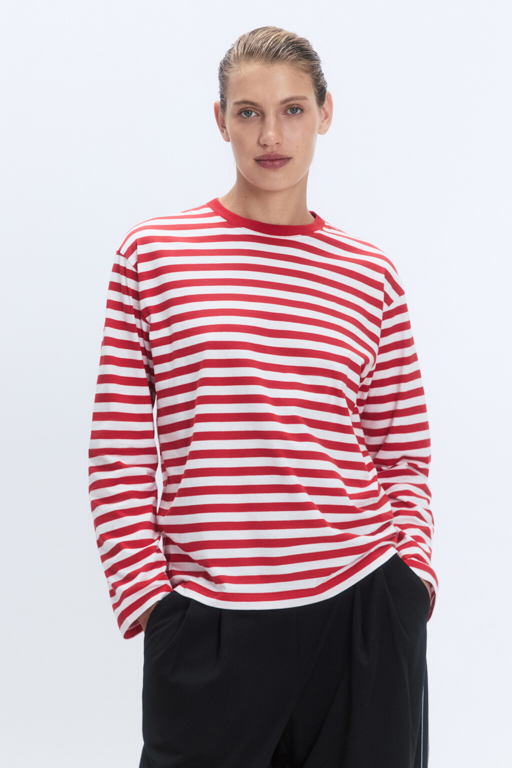 Лонгслив свободный хлопковый в полоску - цвет красный - 2
