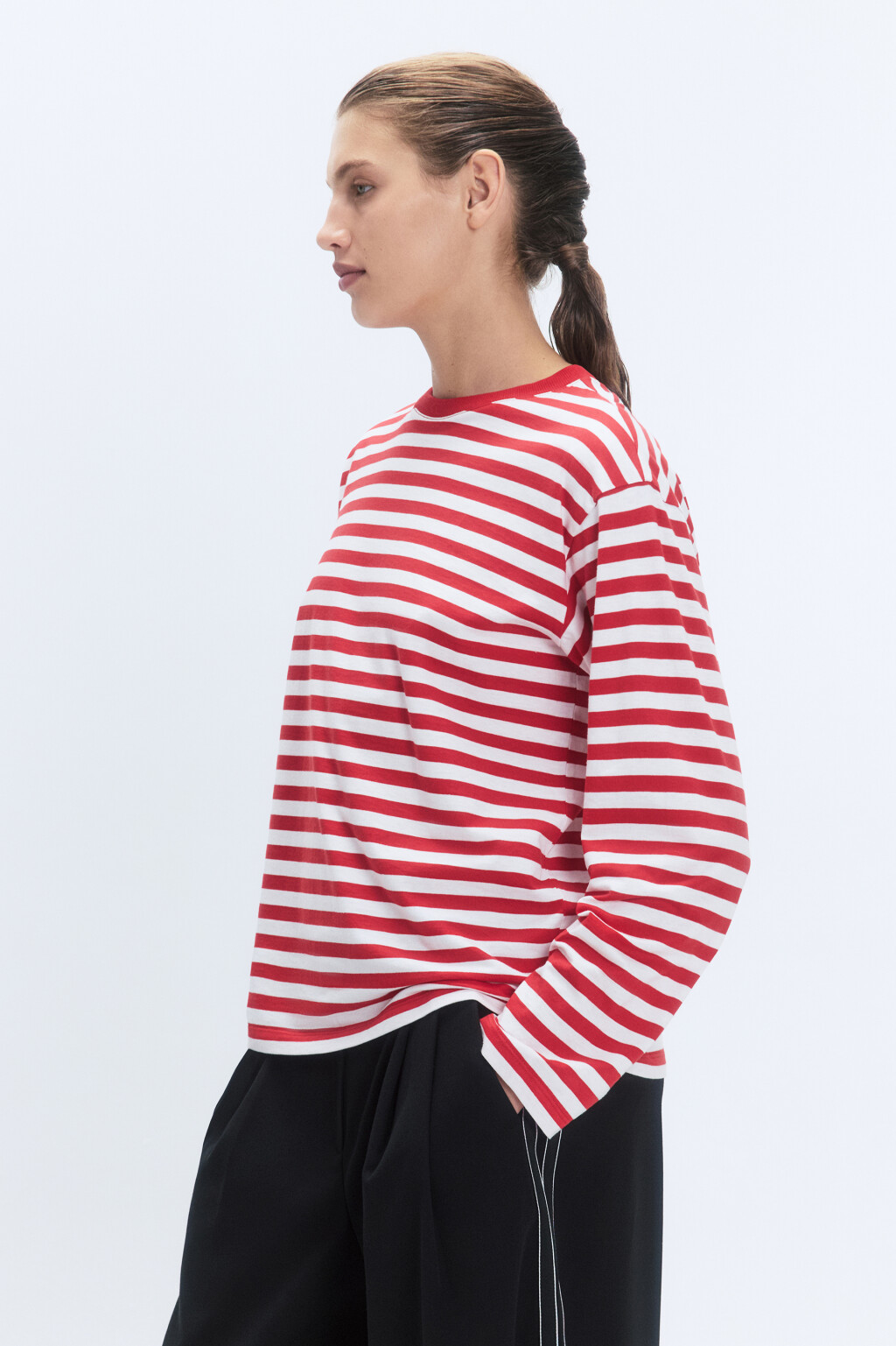 Лонгслив свободный хлопковый в полоску - цвет красный - 3