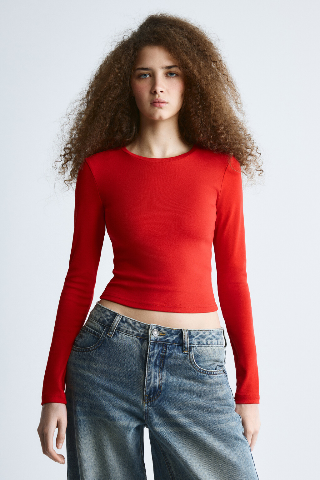 Лонгслив укороченный базовый из хлопка - цвет красный - 2