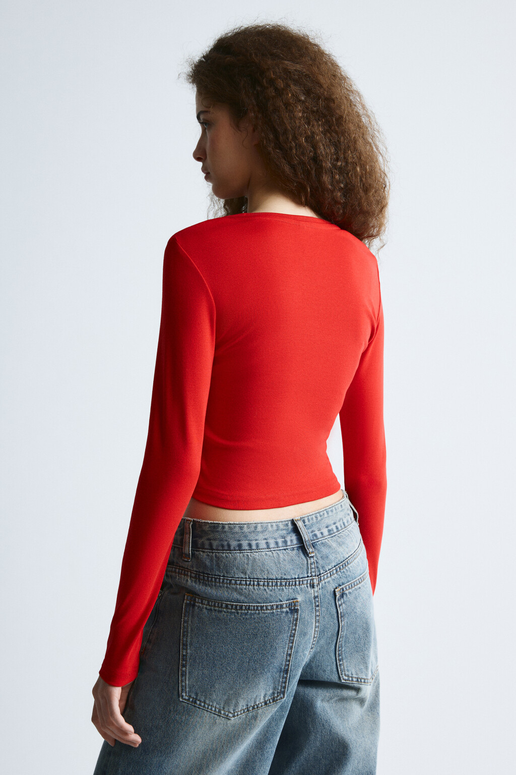 Лонгслив укороченный базовый из хлопка - цвет красный - 3