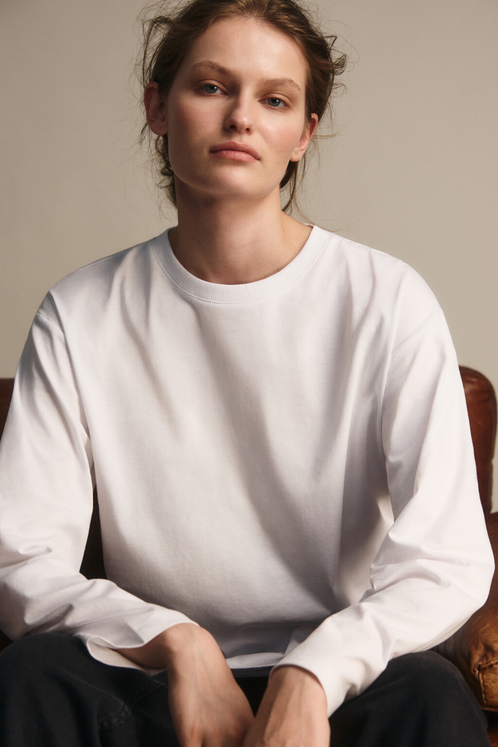 Лонгслив из хлопкового трикотажа - цвет белый - 1