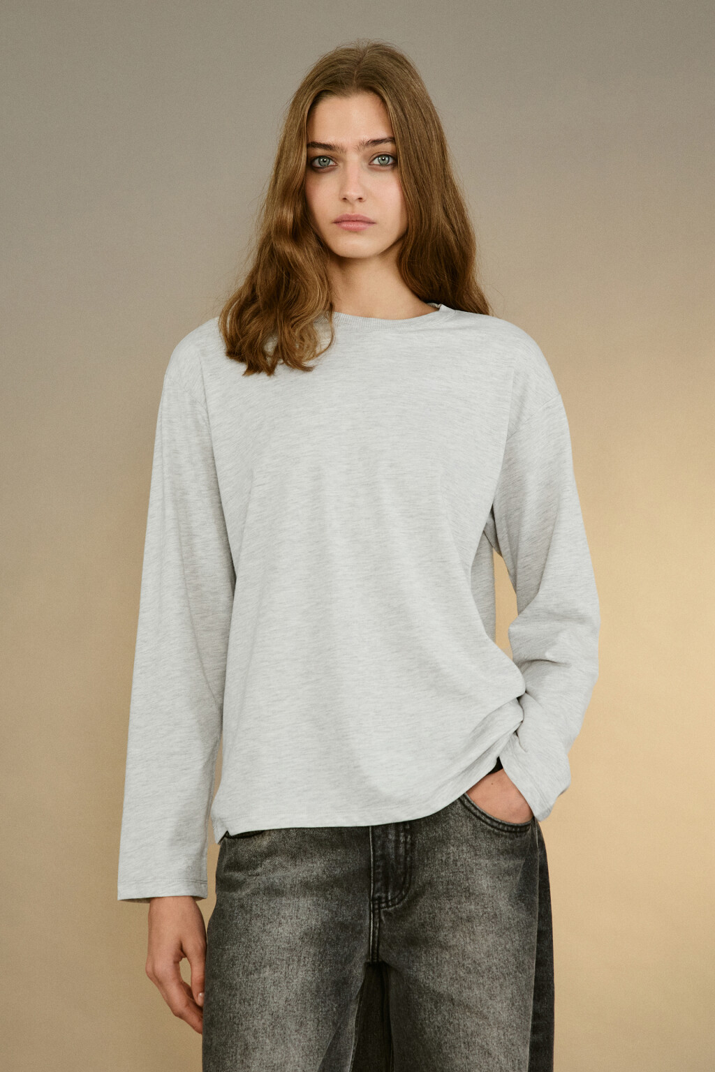 Лонгслив базовый из хлопкового трикотажа - цвет серый - 2