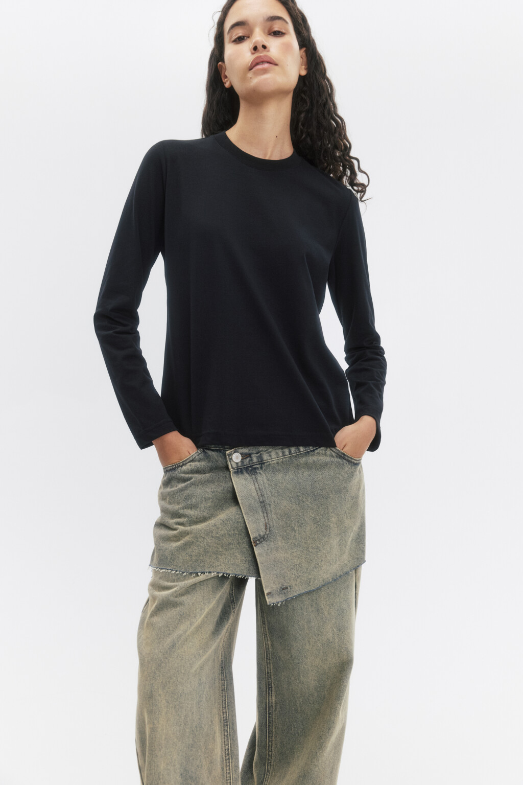 Лонгслив базовый из хлопкового трикотажа - цвет черный - 1