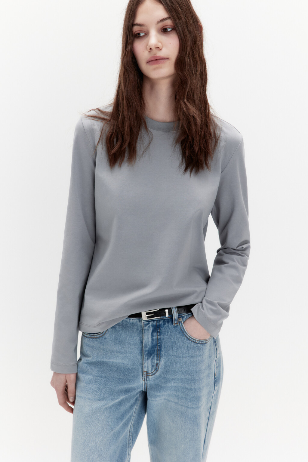 Лонгслив базовый из хлопкового трикотажа - цвет серый - 1