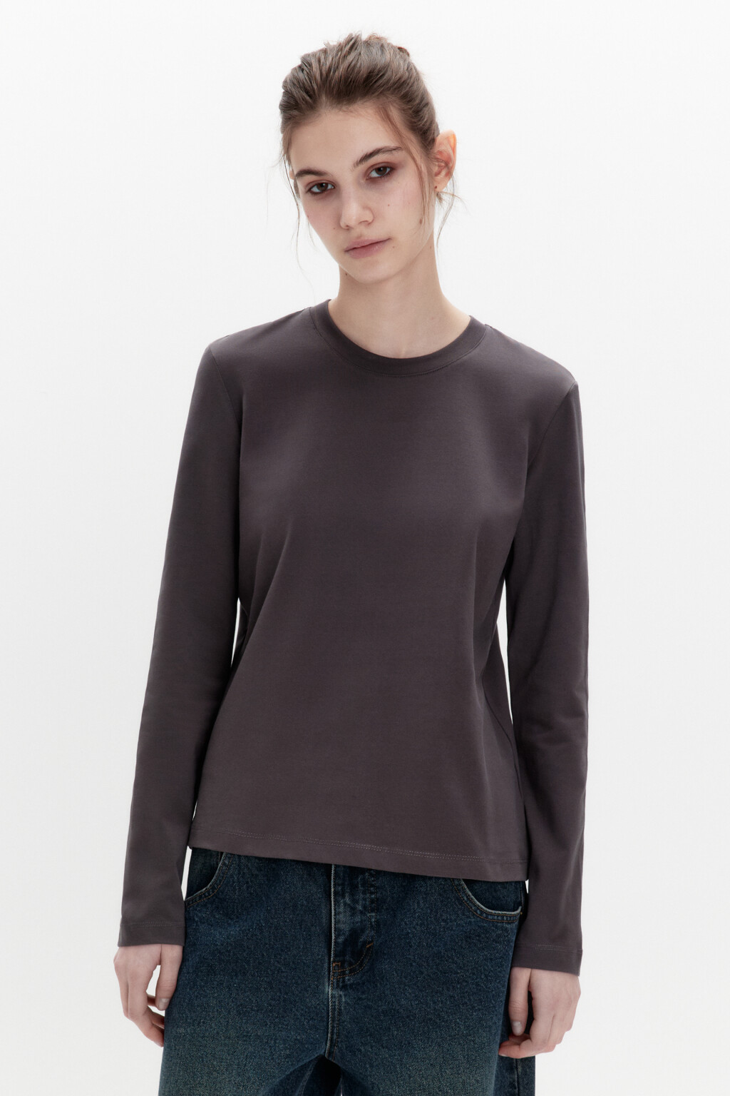 Лонгслив базовый из хлопкового трикотажа - цвет серый - 2