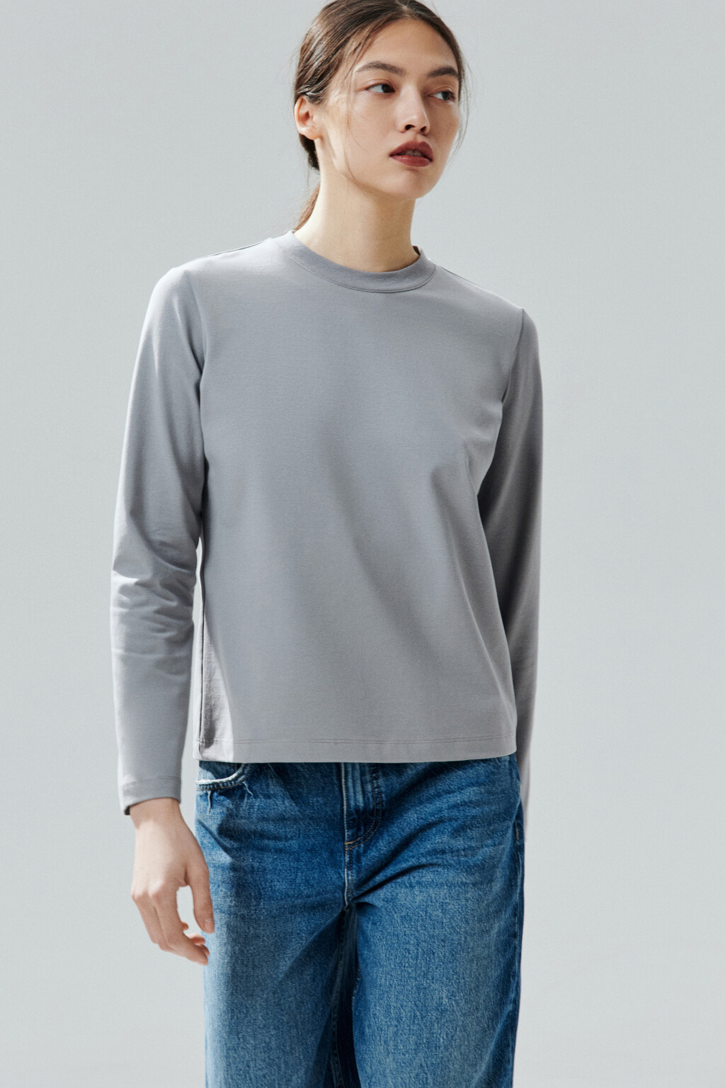 Лонгслив базовый из хлопкового трикотажа - цвет серый - 1