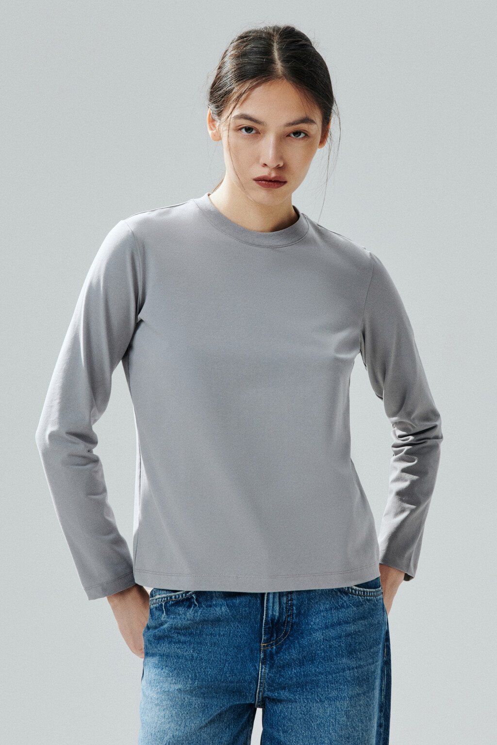 Лонгслив базовый из хлопкового трикотажа - цвет серый - 2