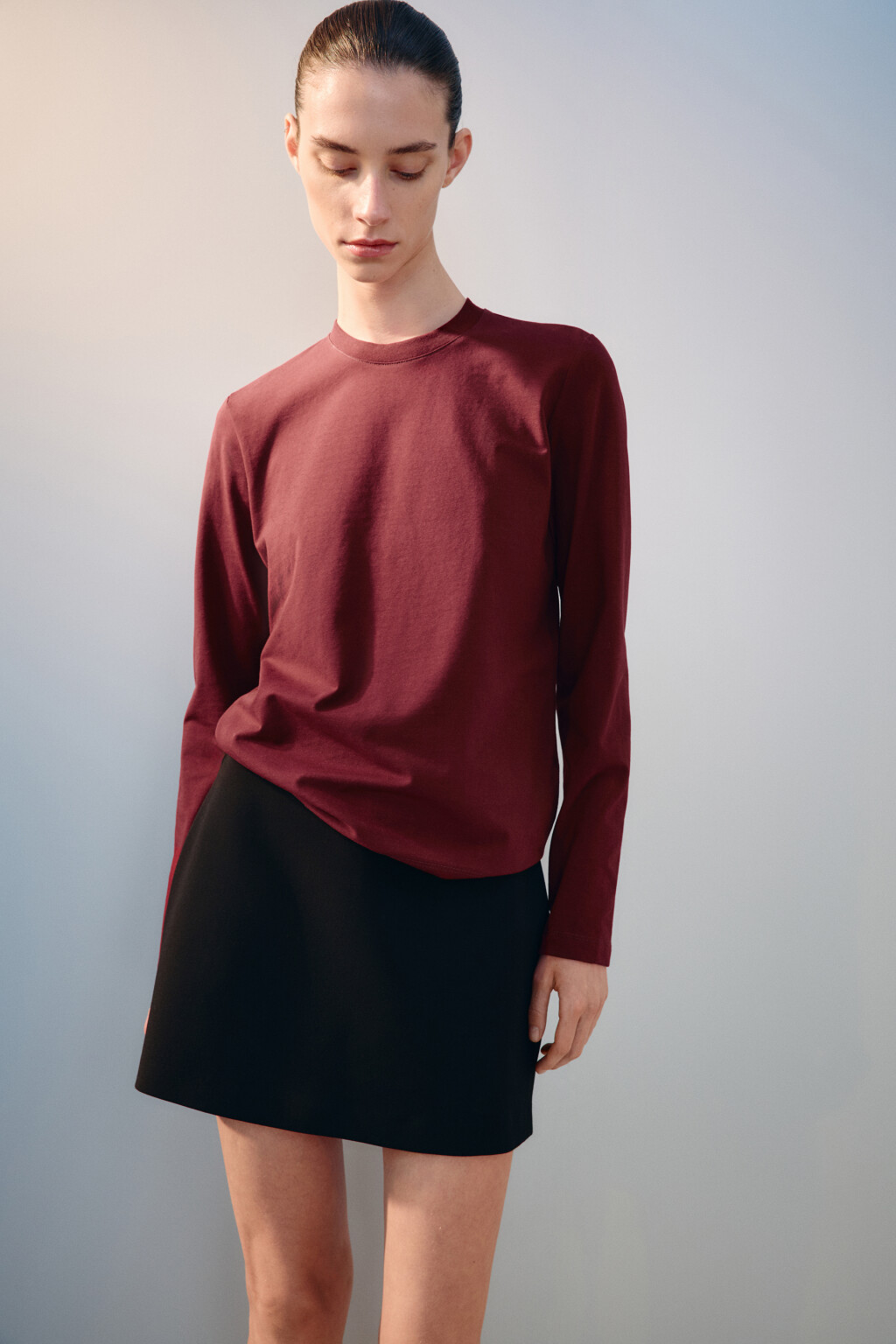 Лонгслив базовый из хлопкового трикотажа - цвет бордовый - 1