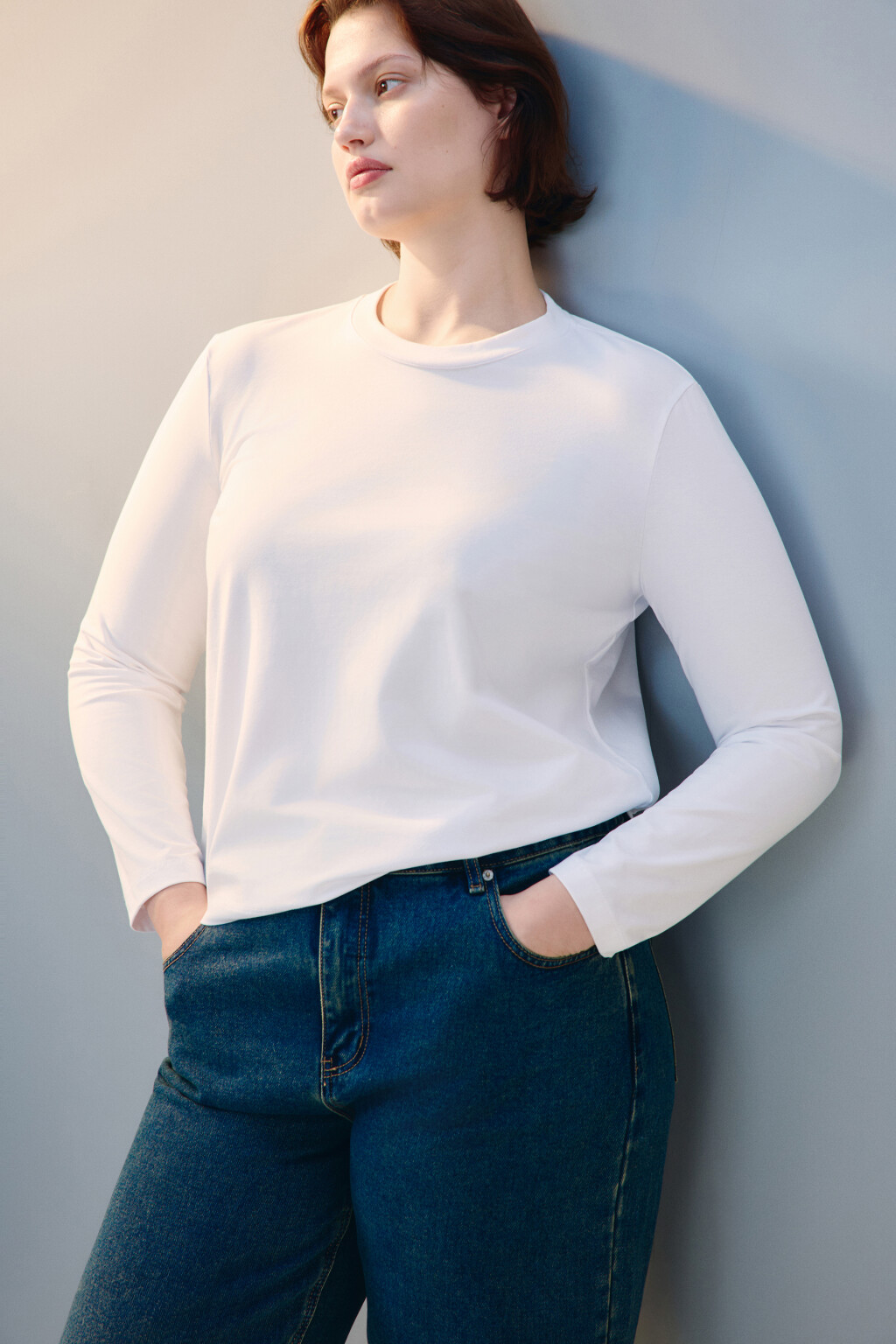 Лонгслив базовый из хлопкового трикотажа - цвет белый - 1