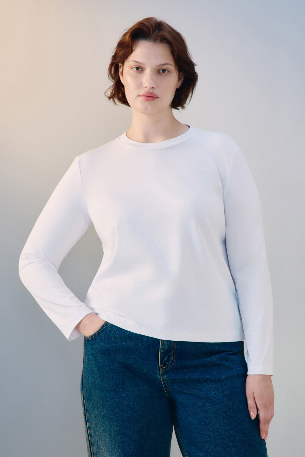 Лонгслив базовый из хлопкового трикотажа - цвет белый - 2