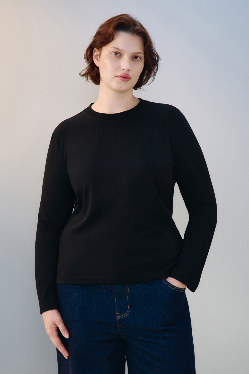 Лонгслив базовый из хлопкового трикотажа - цвет черный - 2