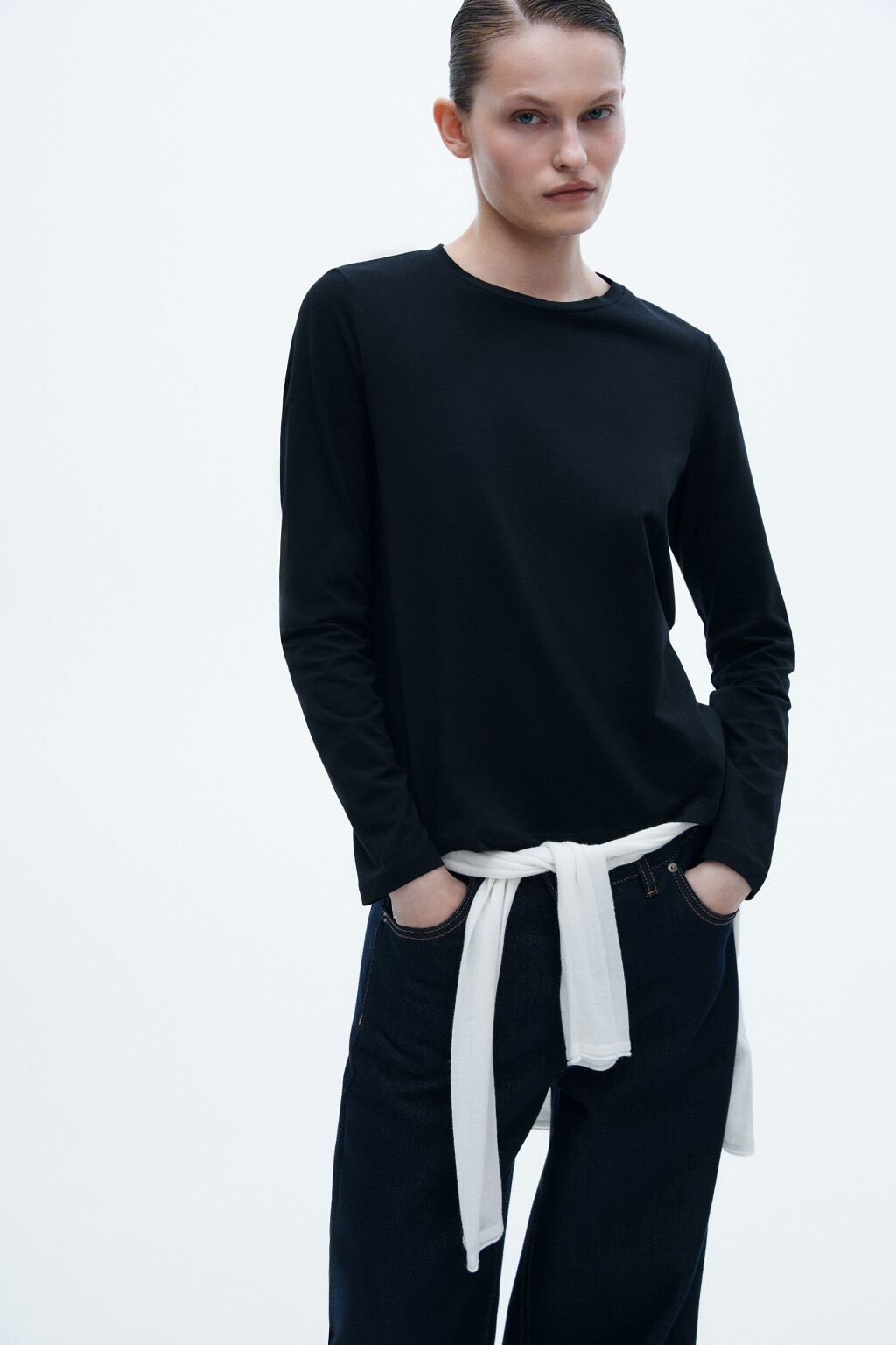 Лонгслив базовый из хлопкового трикотажа - цвет черный - 1