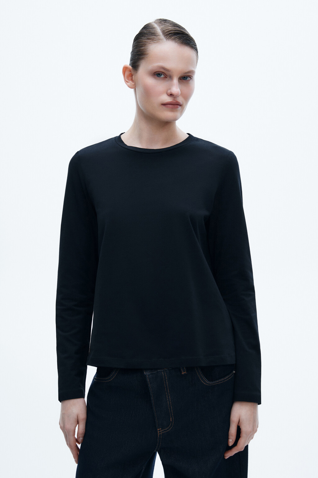 Лонгслив базовый из хлопкового трикотажа - цвет черный - 2