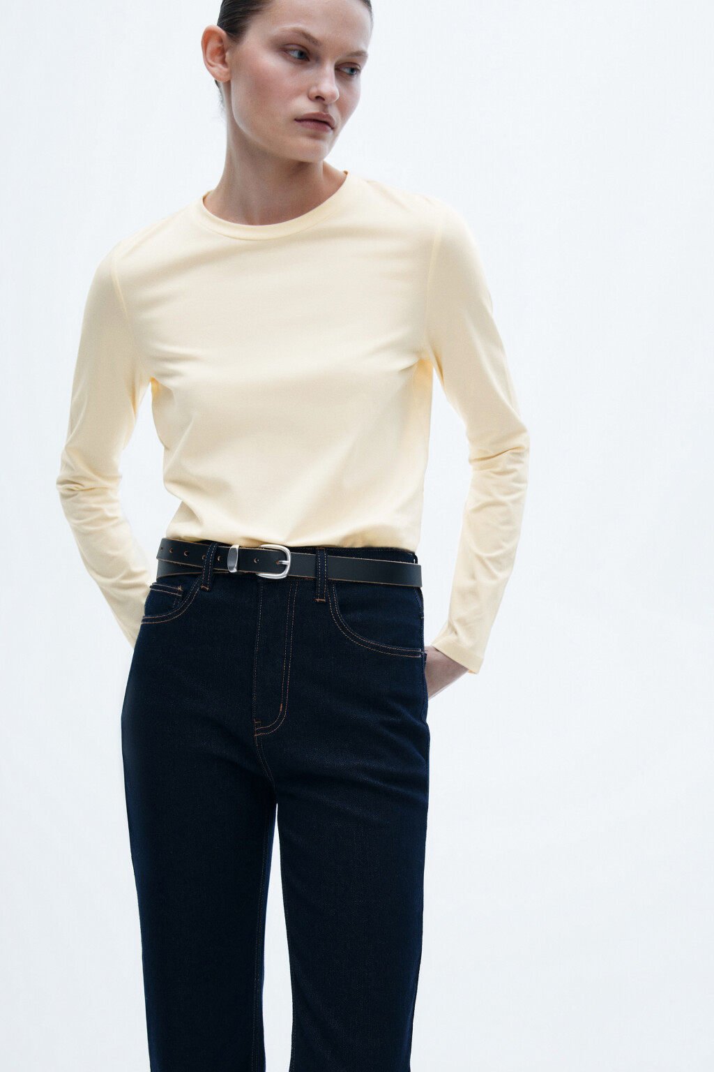 Лонгслив базовый из хлопкового трикотажа - цвет молочный - 1