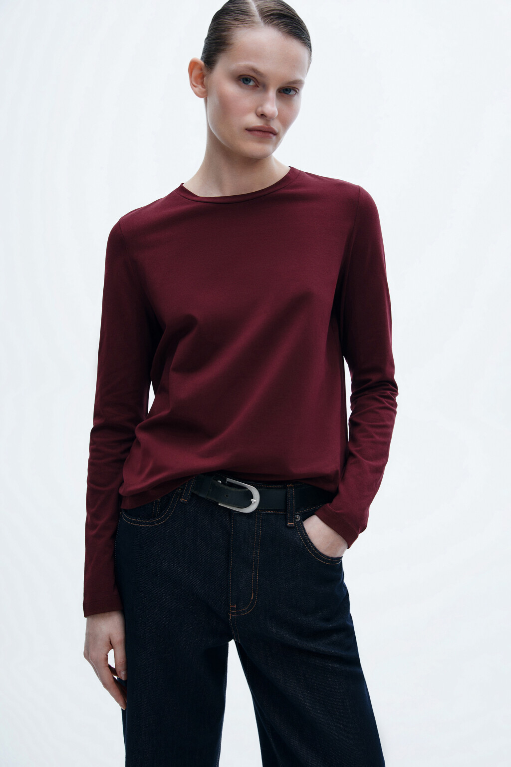 Лонгслив базовый из хлопкового трикотажа - цвет бордовый - 1