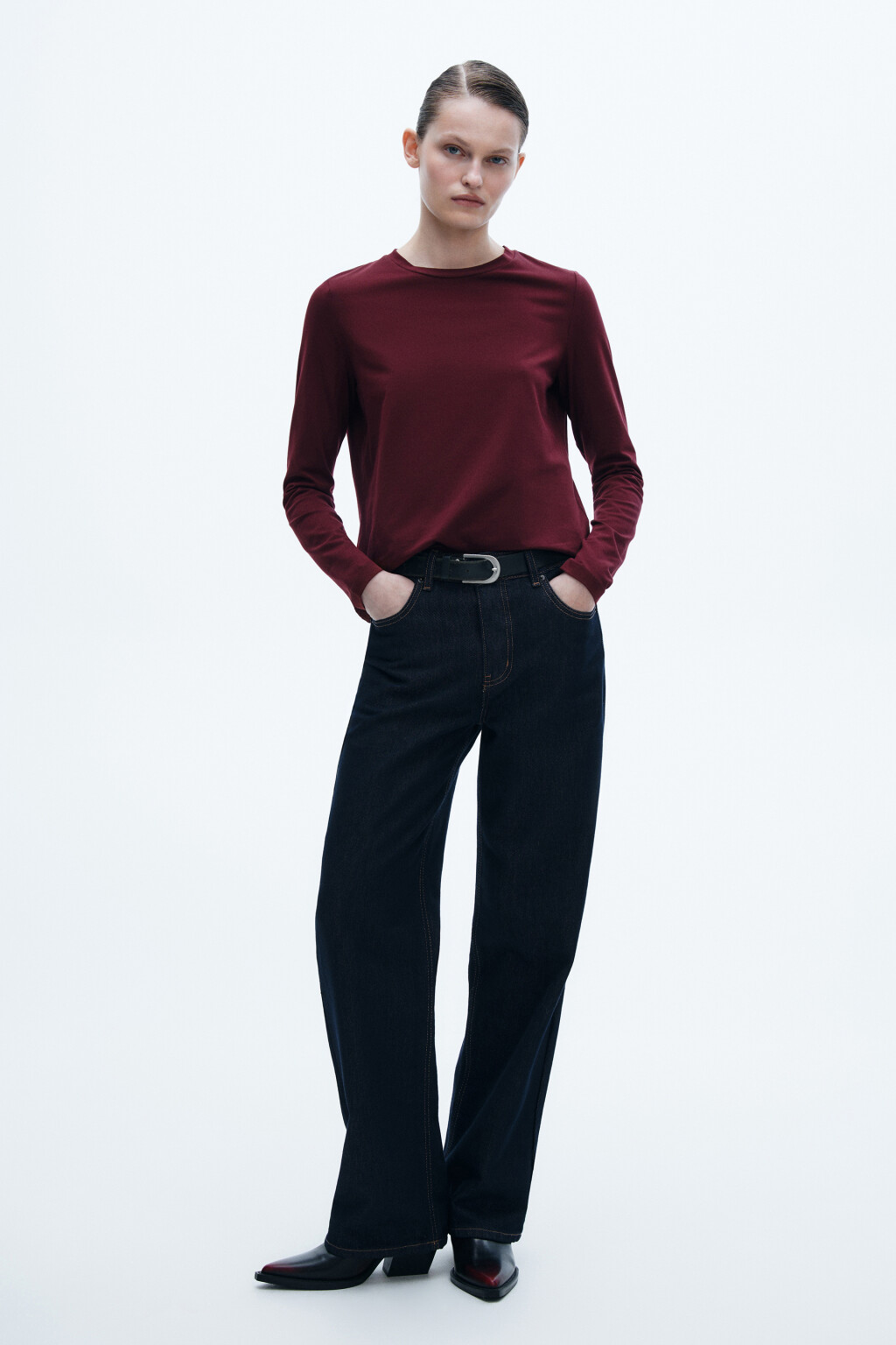 Лонгслив базовый из хлопкового трикотажа - цвет бордовый - 4