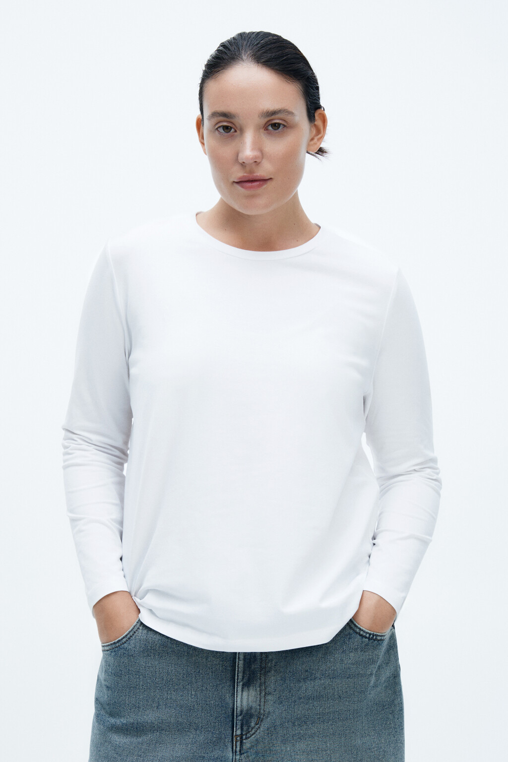 Лонгслив базовый из хлопкового трикотажа - цвет белый - 2