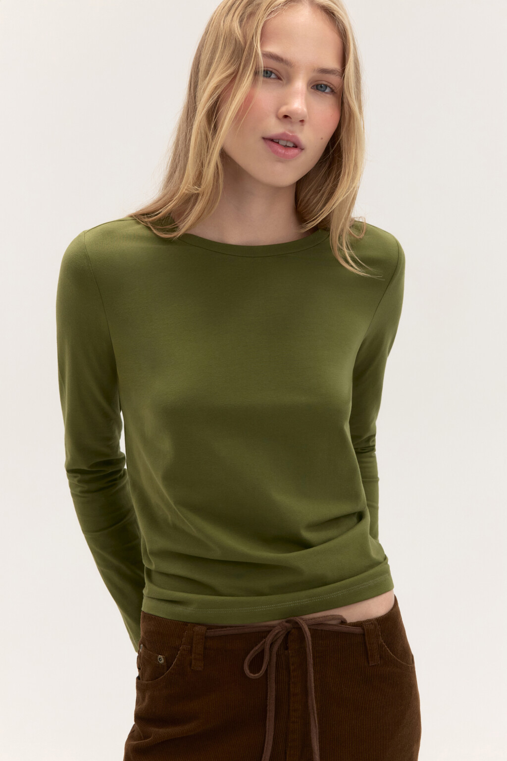 Лонгслив из хлопкового трикотажа - цвет зеленый - 1