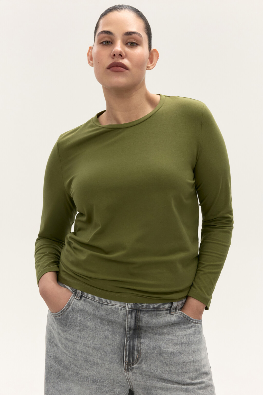 Лонгслив из хлопкового трикотажа - цвет зеленый - 1